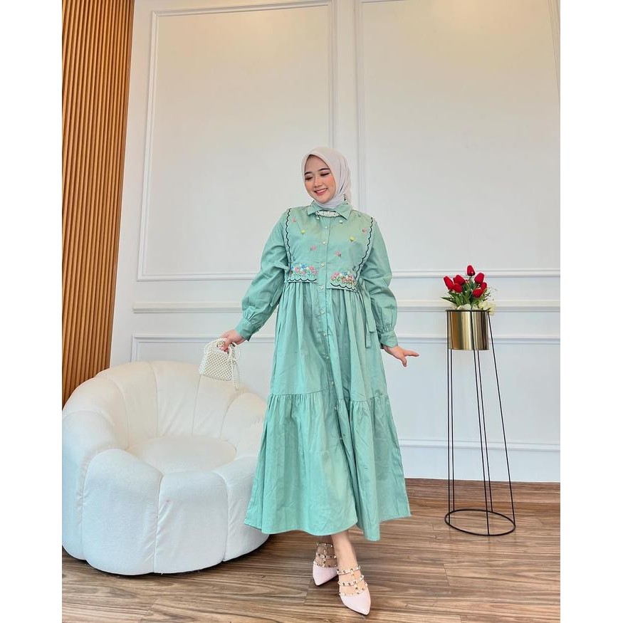 Harga Promo Windia Gamis Wanita Alora Dress Bordir Katun Twill Premium Busui