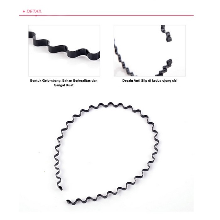 Bando Korea Perempuan Dewasa Bentuk Gelombang Zigzag Hitam Polos Banda