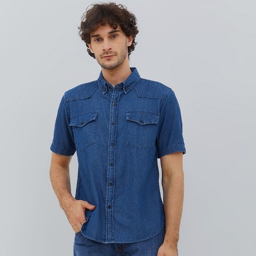 TERLARIS HILLBOSS KEMEJA JEANS LENGAN PENDEK PRIA BIRU TUA JOSE - CASUAL DENIM SHIRT OLD NAVY BLUE -