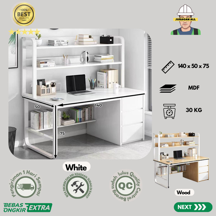 MEJA KERJA MINIMALIS/MEJA KANTOR LACI/MEJA BELAJAR/MEJA KOMPUTER 140CM + RAK ATAS - PUTIH