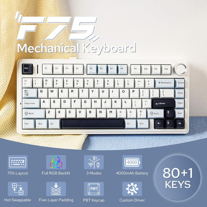 Aula F75 Pbt Wireless Gasket Hotswap 75% Mechanical Keyboard With Knob