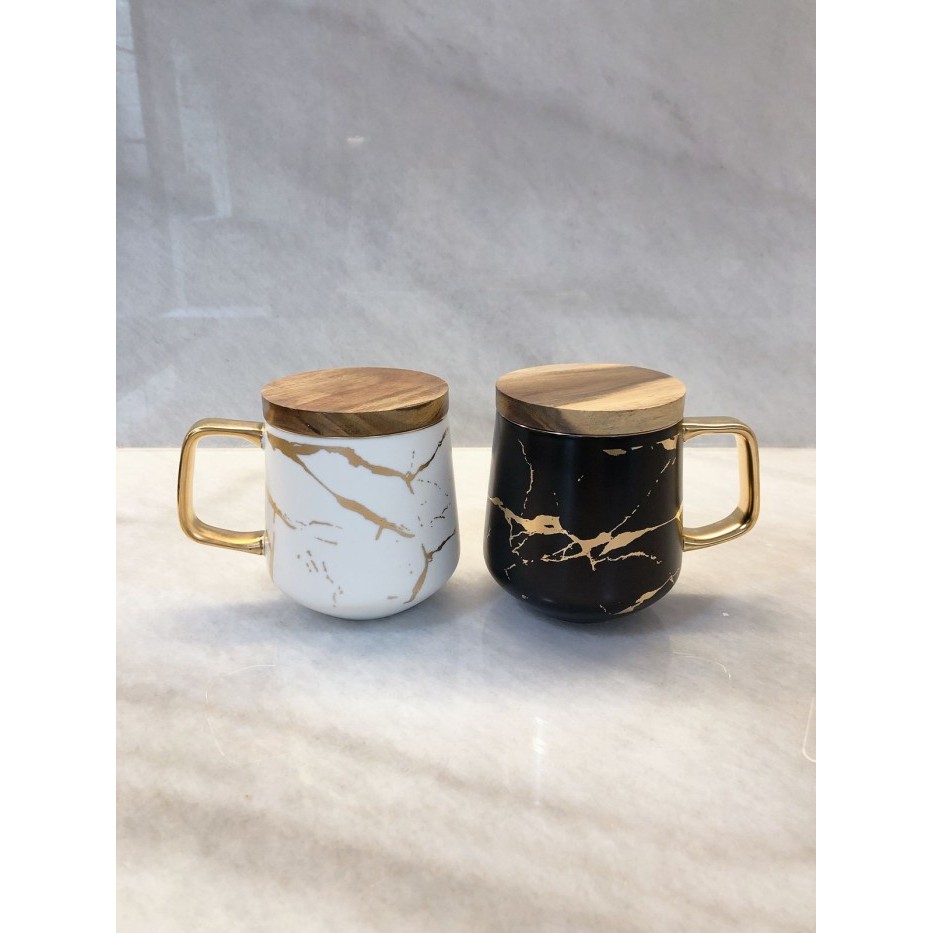 MARBLE MUG WOODEN LID MUG KOPI MOTIF MARMER DENGAN HANDLE KAYU