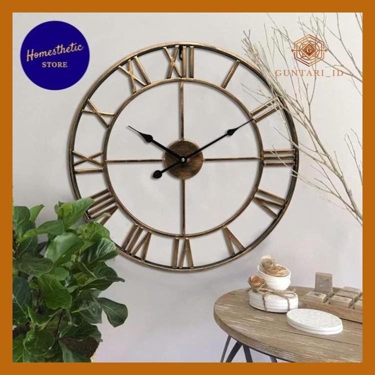 Jam Dinding Besi Metal Besar Bulat Quartz Creative Model Vintage Bergaya Retro Angka Romawi 60 Cm 50