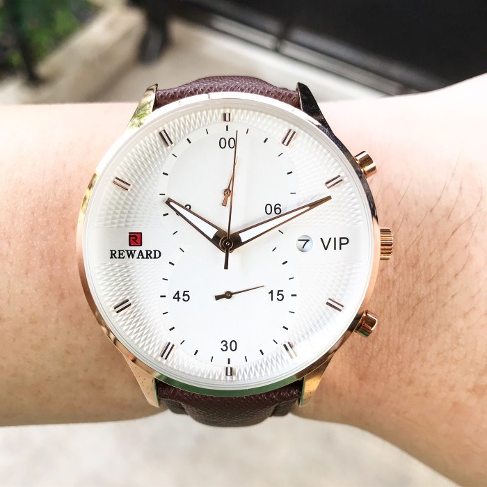 Jam Tangan Pria Original Analog Kulit Reward Pentagon Gold Rose Chrono