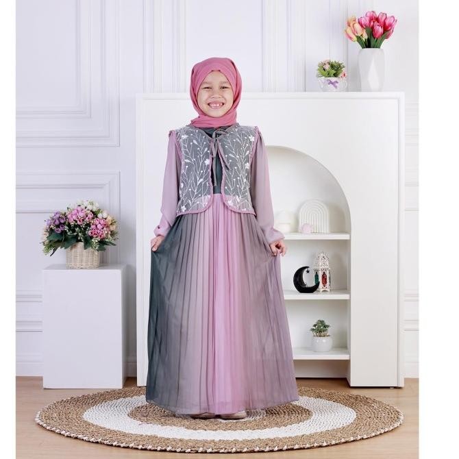 Dungdungkids Gamis Anak Moreen Ceruty Babydoll Plisket Rompi Tile Bordir Free Pashmina3-12Tahun ..