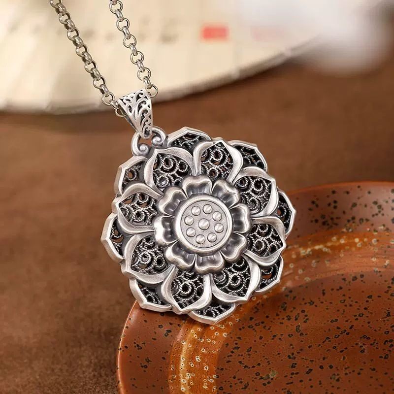 Lotus Vajra.999Rantai Sweater Perak Sterling Kalung Panjang untuk Wanita Liontin Vintage Gaya Etnik 