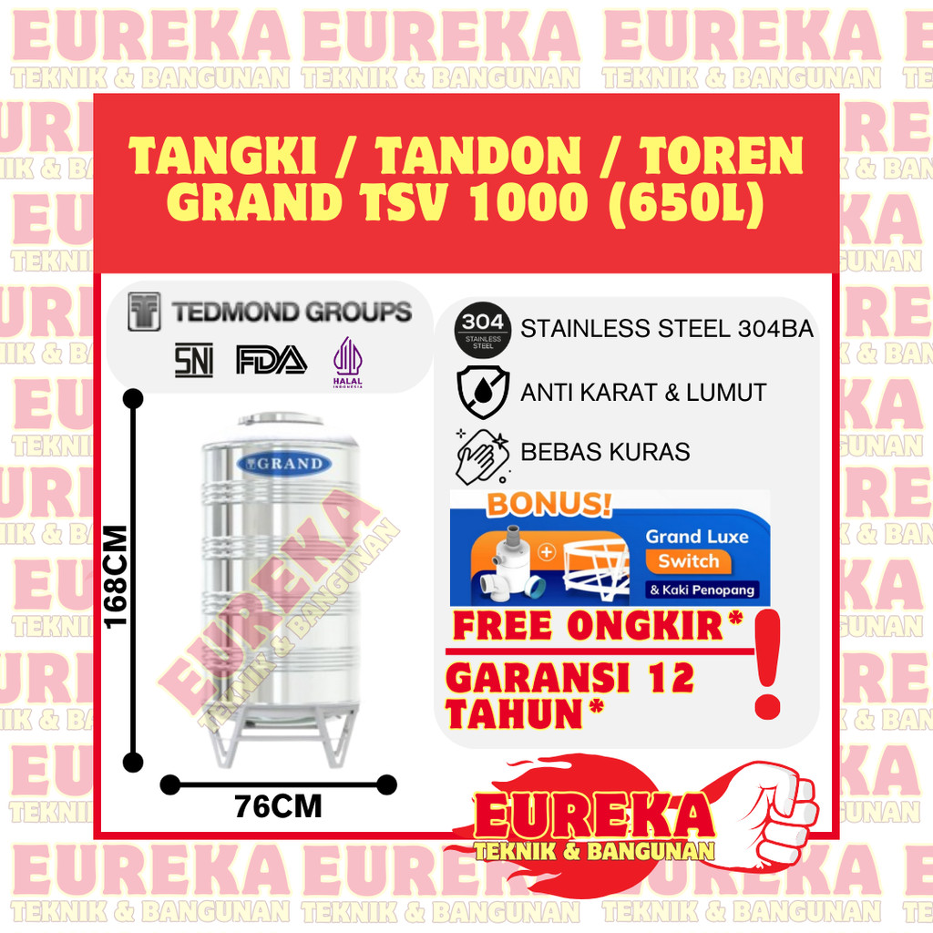 Toren Tandon Air Tedmond Grand Stainless Steel TSV 1000 (650 Liter) TERMURAH Tedmond Grand Anti Kara