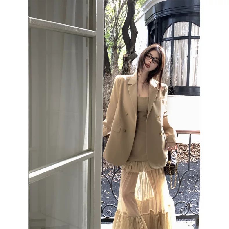 [Cream Winnie]Jaket jas longgar khaki panjang sedang kelas atas, set gaun manis