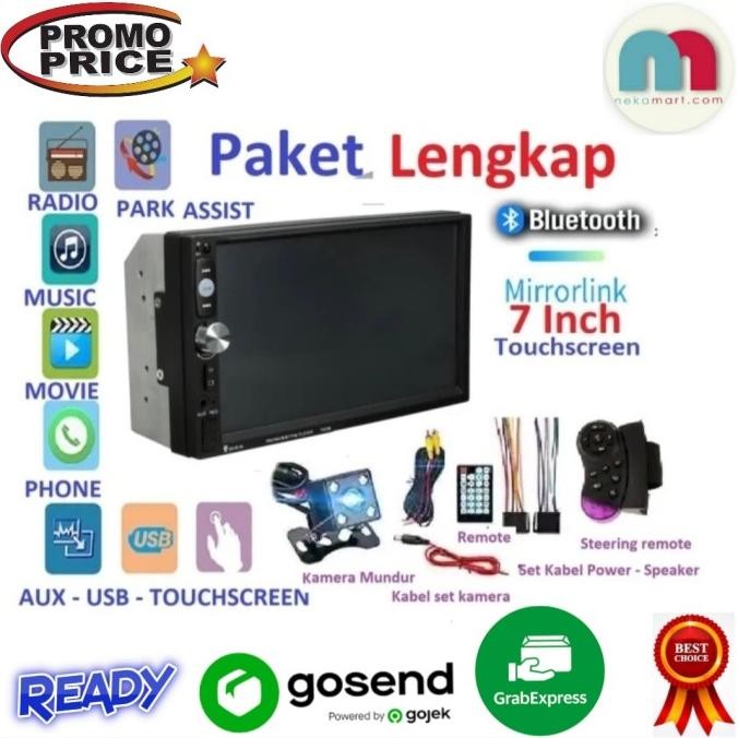 // Paket Lengkap Tape Mobil Double Din 7 Inch Kamera Mundur Remote Setir //