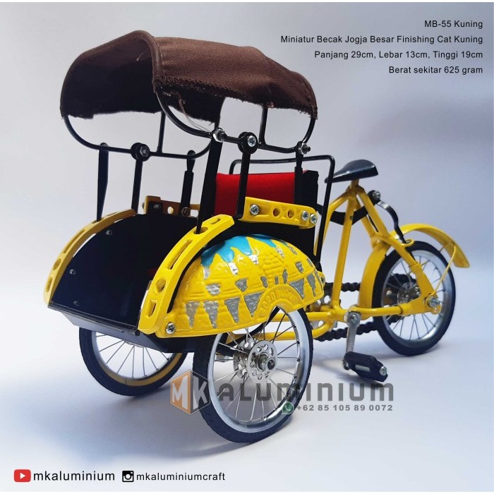 Diescat Miniatur Becak Jogja warna KUNING Logam - MK Aluminium - MB55