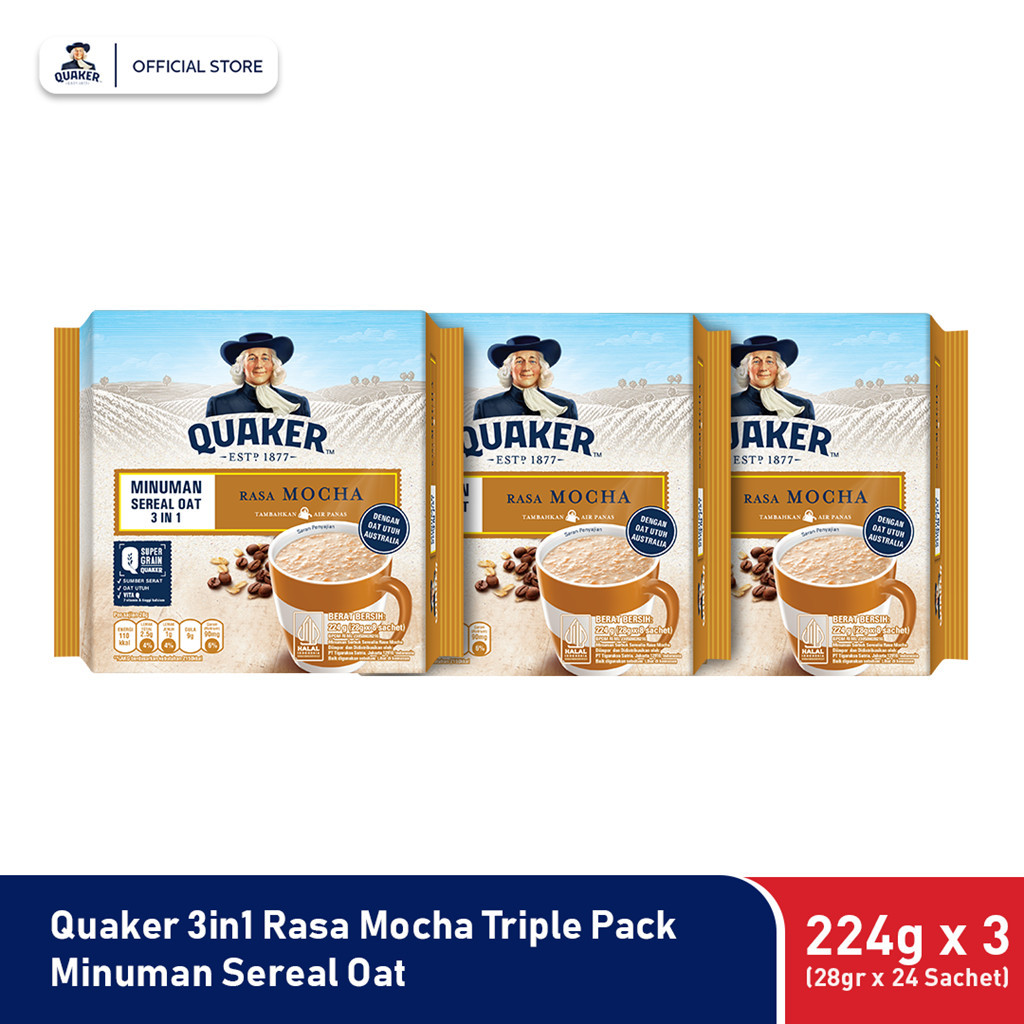 

Quaker 3in1 Mocha Minuman Sereal Oat 224gr (28gr x 8 sachet) x 3