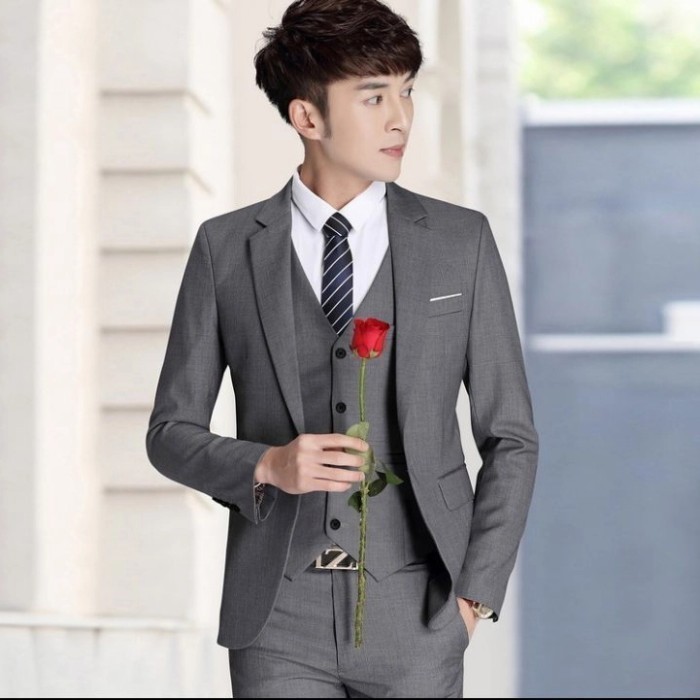 Jas Blazer Pria Slim Fit Instinct Grey - Grey list putih, XS