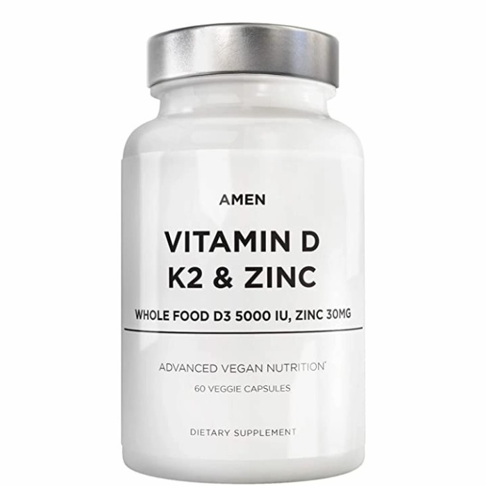 Amen Vitamin D, K2 & Zinc, D3 5000 IU organic whole food 60 capsules