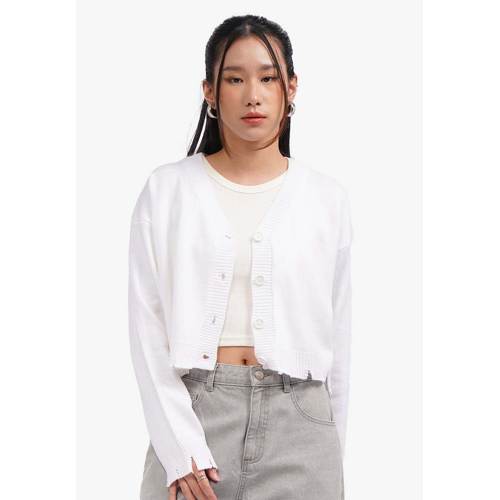 COLORBOX Distressed Long Sleeve Knit Cardigan Off White