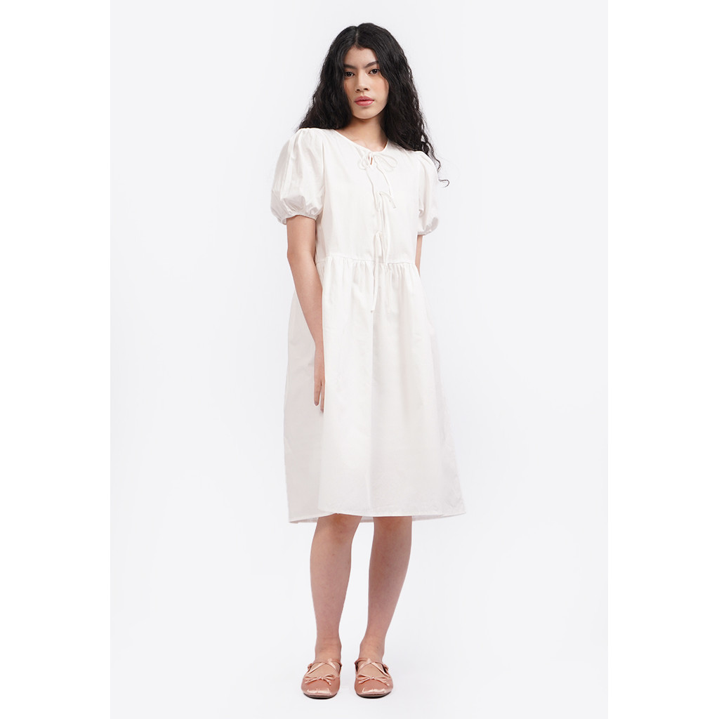 COLORBOX Balloon Sleeves Midi Dress Off White