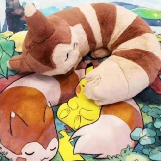 Pokemon Plush Sleeping Furret Fluffy Neck Pillow Bantal Leher Boneka