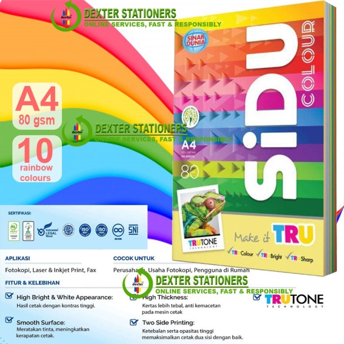 SIDU RAINBOW KERTAS HVS A4 80GR WARNA WARNI KERTAS 10 WARNA