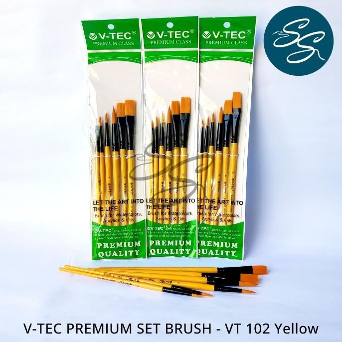

Paint Brush Set (6 Pcs) - V-TEC SET BRUSH - VT 102 YELLOW BR/6 - Kuas Lukis 1 Set isi 6 Pcs Nylon Flat & Round Brush