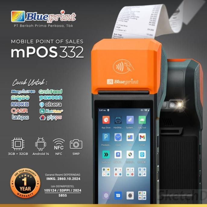 Mesin Printer Kertas Kasir Android MPOS 332 Blueprint Mobile POS Thermal NFC 58 mm