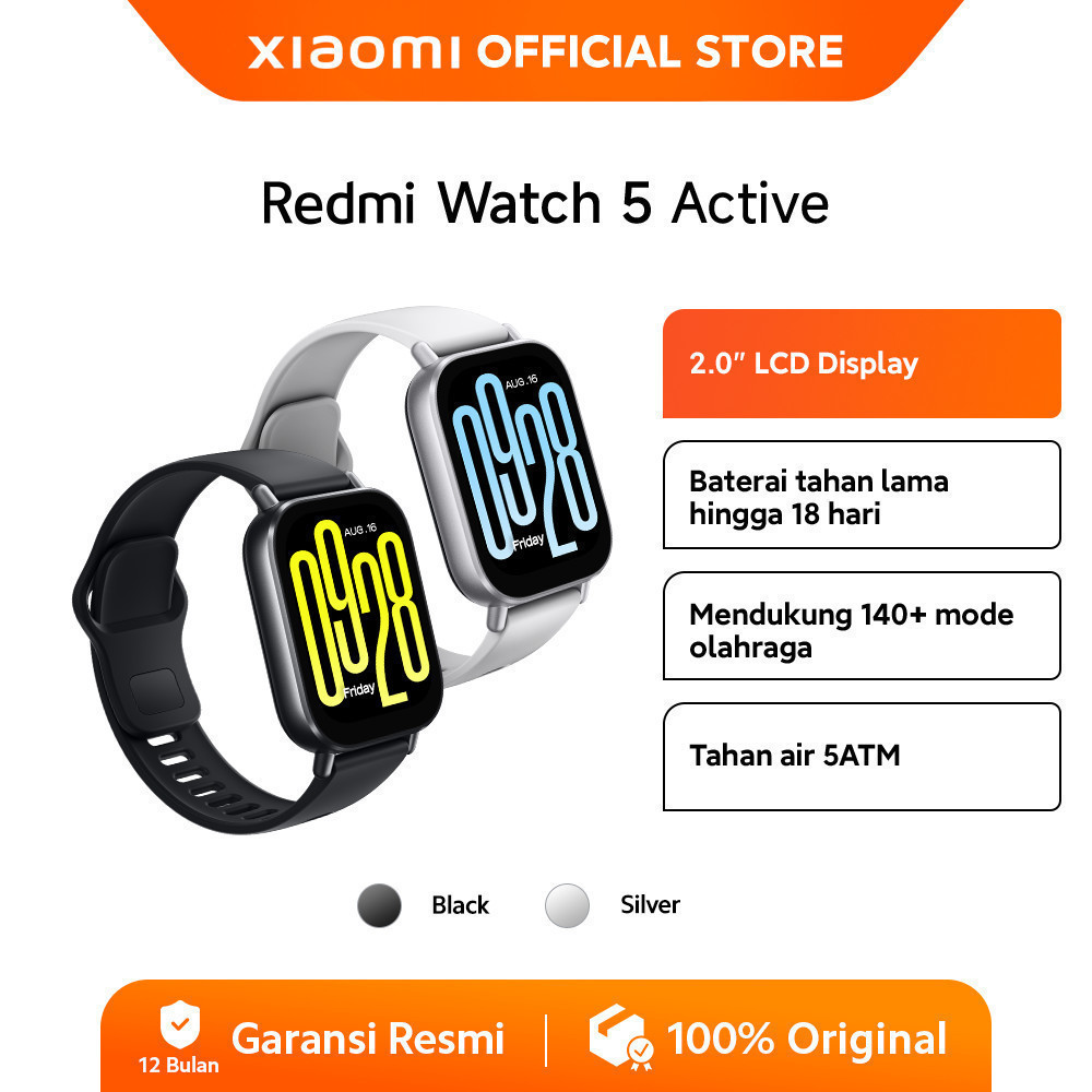 Xiaomi Redmi Watch 5 Active |  2.0" LCD Display | Mendukung 140+ mode olahraga | Tahan air 5ATM | Ba