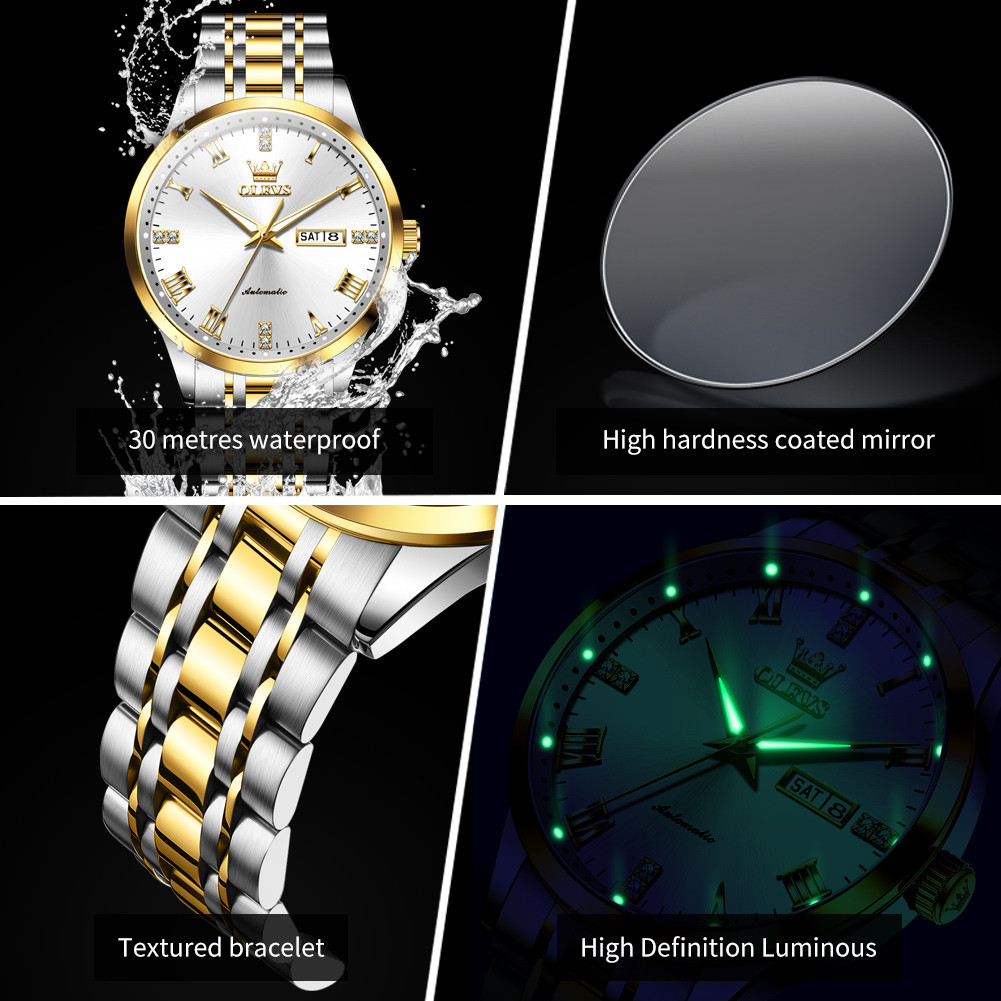 OLEVS 7062 Mens Watch Original Business Brand Mechanical Watch Dual Calendar Display Waterproof