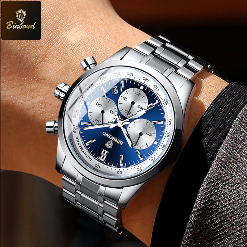 BINBOND Luxury Men Quartz Watches Stainless Steel Waterproof Luminous Automatic Date Wristwatch