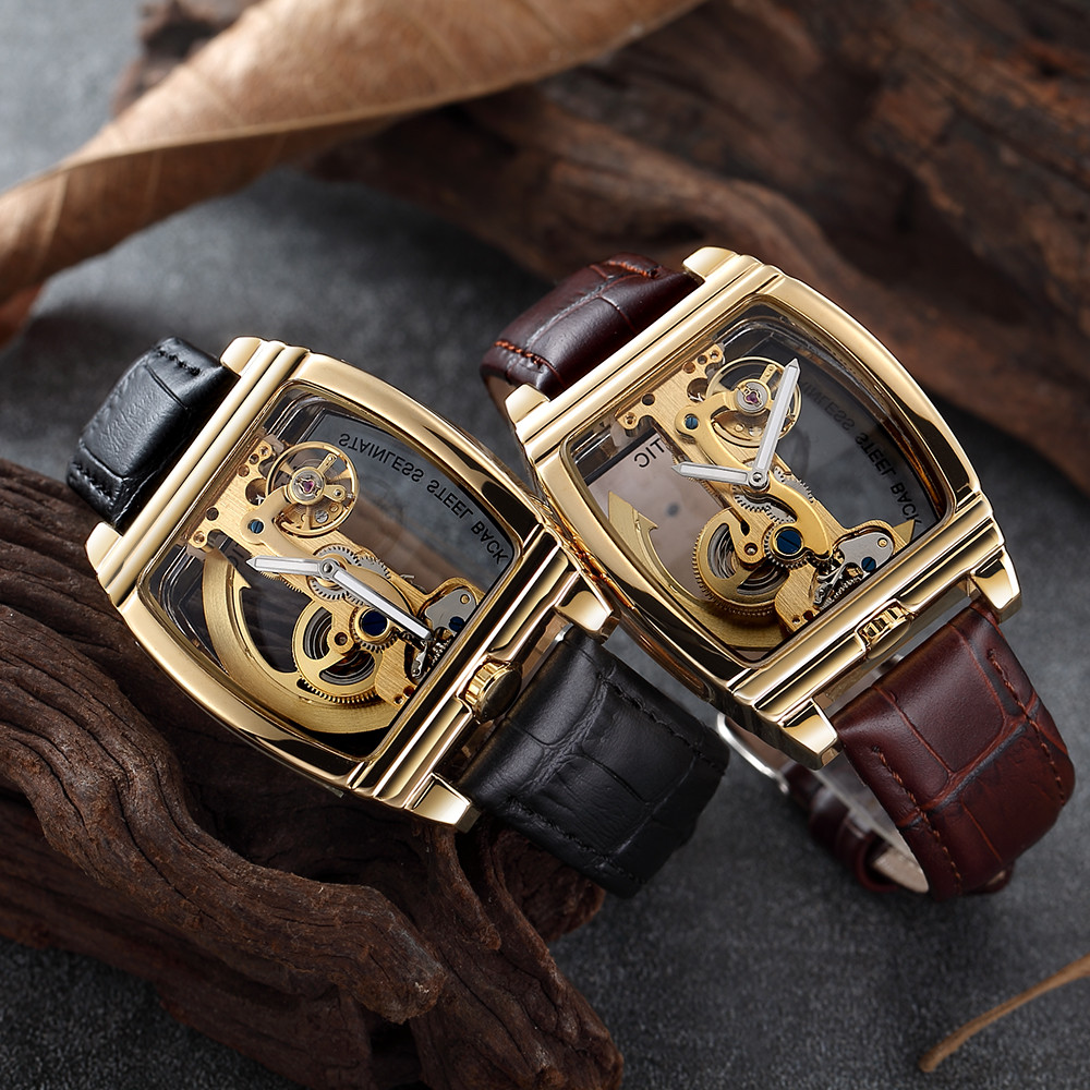 Fashion Tonneau Dial Transparent Watches Men Gold Tourbillon Watches Men Automatic Mechanical