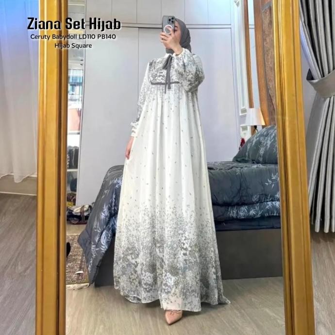 Baju Gamis Wanita Muslim Ziana Set Dress Jilbab Ceruti Motif Cantik Fashion Perempuan Dewasa Remaja 