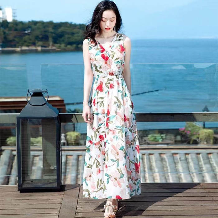 Harga Terbaru Midi Dress Wanita Pantai Santai Motif Bunga Gaun Pesta Korea Jumbo Dsk48