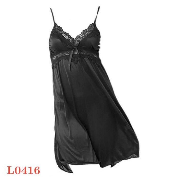 L0416 Baju Tidur Haram Sexy Sleepwear Midi Dress Nightgown Satin Hitam