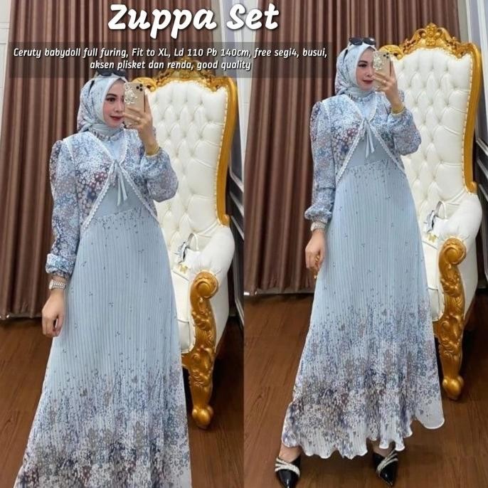 Baju Gamis Wanita Muslim Zuppa Set Dress Jilbab Ceruti Plisket Motif Cantik Fashion Perempuan Dewasa
