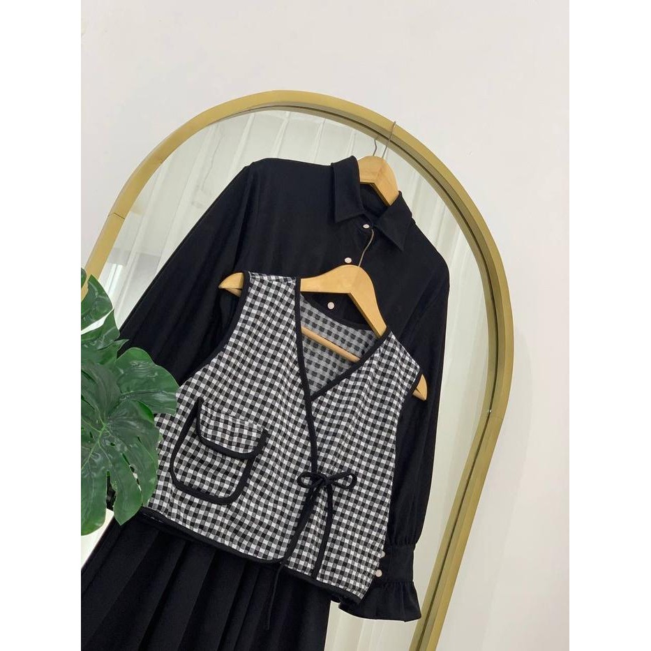 OT YOONA DRESS GAMIS WANITA MUSLIMAH JUMBO OVERALL 2 IN 1 ROMPI MOTIF KOTAK ALA KOREA