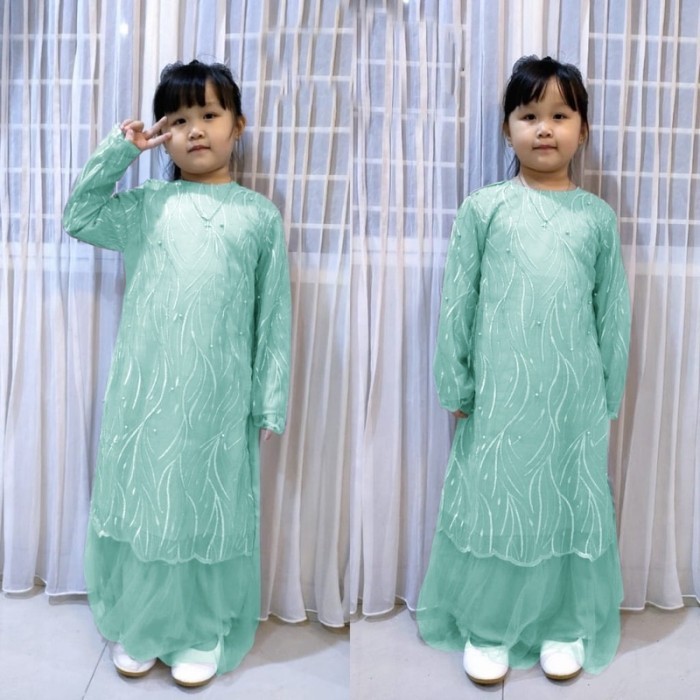 KQ636 GERYN KID GAMIS BAJU PESTA MUSLIM ANAK WANITA BRUKAT TILE HIJAU WARDAH DISKON