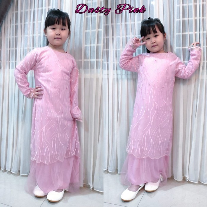 HV289 GERYN KID DRESS GAMIS BAJU PESTA ANAK CEWE BRUKAT TILE DUSTY PINK MUDA DISKON
