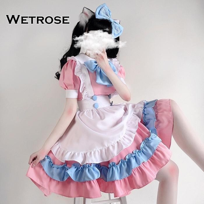 WetroseGirl Super Cute Big Bow Lolita Maid Outfit Pink Blue Maid Costume Dress Set for Cosplay Cafe