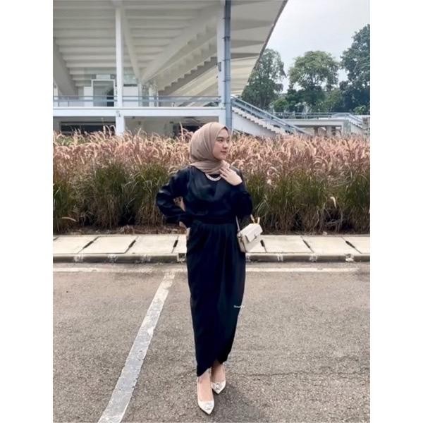 Hl Amni Dress Sateen-Dress Satin Lilit Realpict Gamis Muslim Wanita Casual Pesta