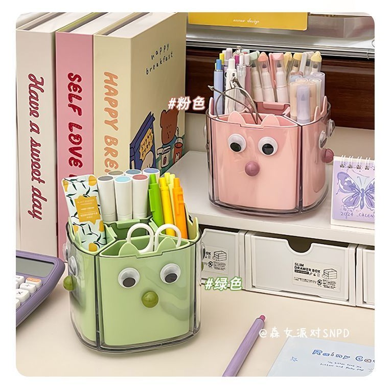 

Desktop Large Capacity Matcha Color Rotating Pen Holder 2-in-1 Storage Box