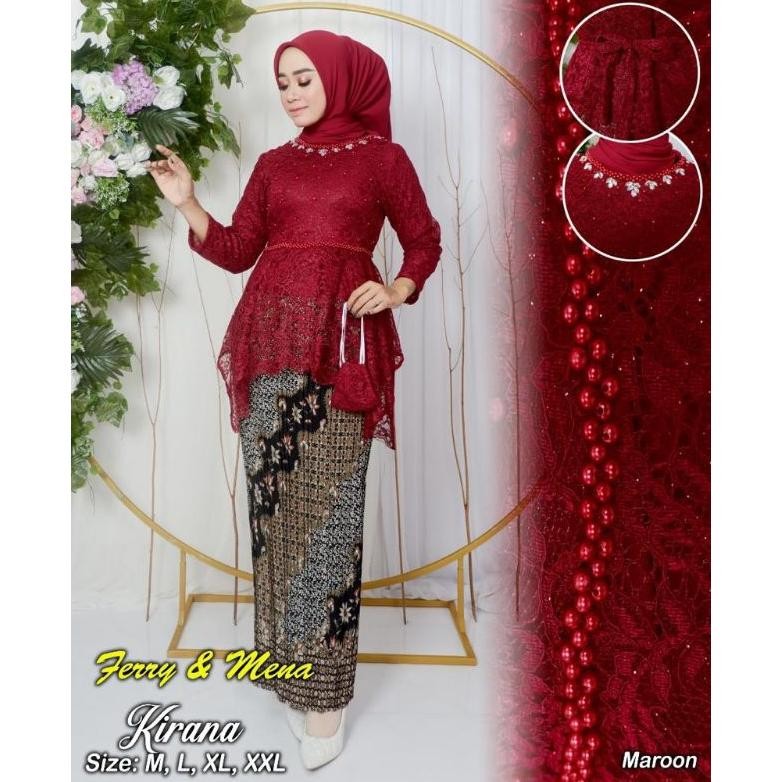 CR - SETELAN KEBAYA KIRANA BROKAT PAYET + ROK PLISKET BATIK PANJANG DEWASA / BAJU KEBAYA WANITA MUSL