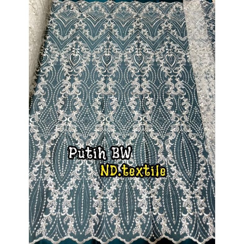 Kain Tile Elisab Putih Mewah/Tile Payet Spangel/Bahan Kebaya Tebal