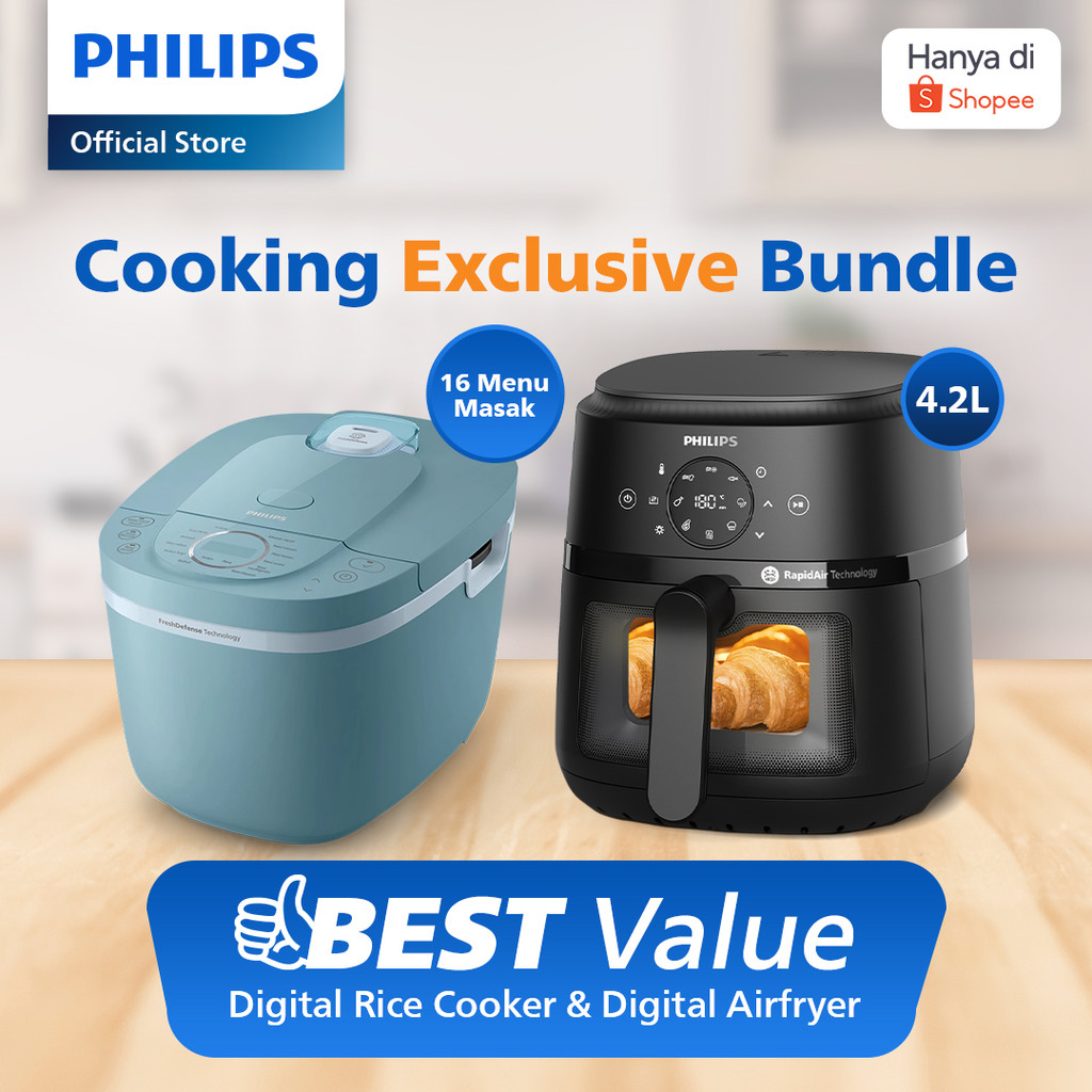 [Bundling] Philips Digital Rice Cooker 16 Menu HD4716/33 Biru + Philips Airfryer Low Watt 4.2 L NA22