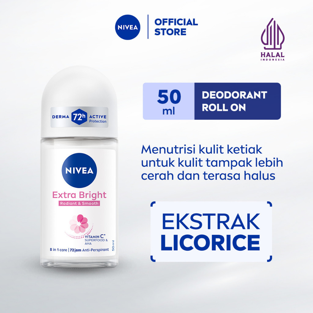NIVEA Deodorant Roll On Extra Bright Radiant & Smooth 50ml - Deodoran wanita mencerahkan ketiak brig