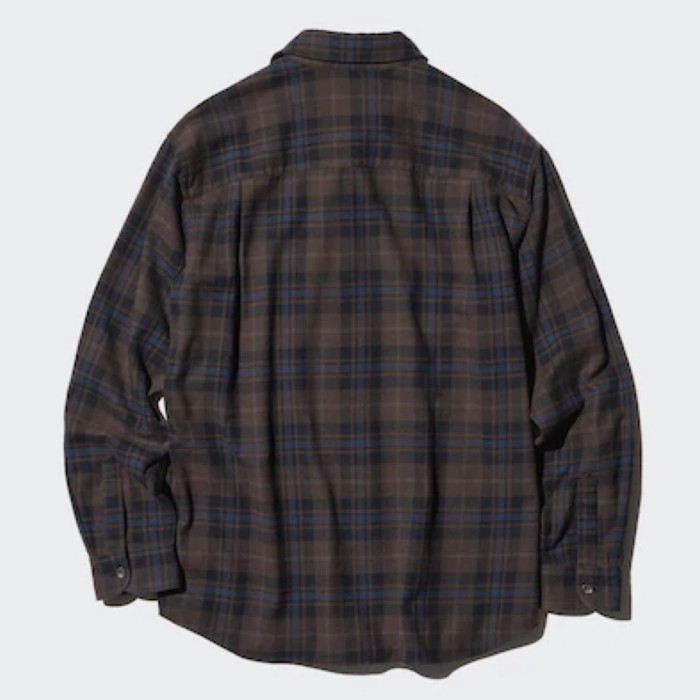 UNIQLO Men Shirt Kemeja Flannel Kotak Pria Lengan Panjang Dark Brown