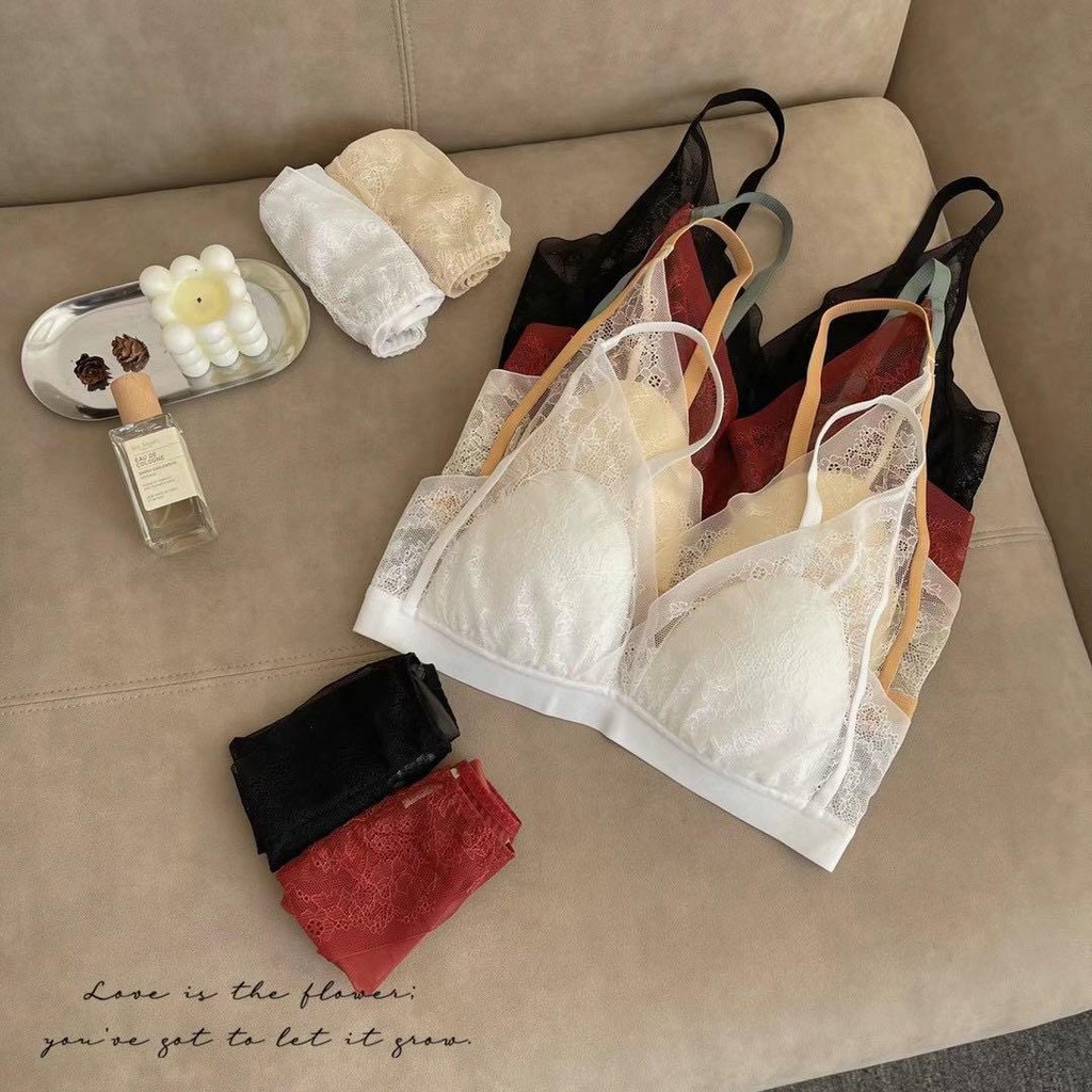 French Style Latex Bra Set for Women with Small Bust, Embroidered Color-Block Lace Bra