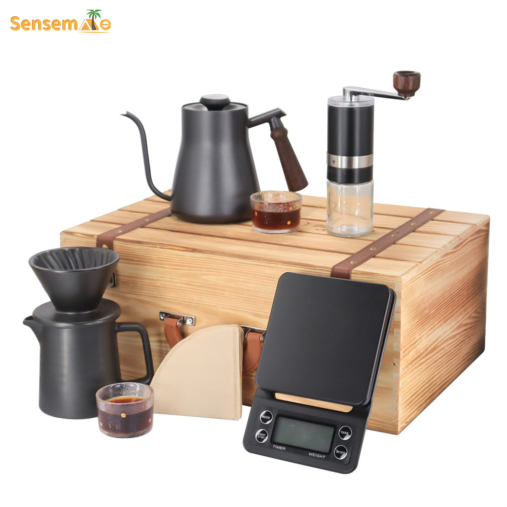 RAPEX Pour Over Coffee Set With Glass Ceramic Server Ceramic Dripping Cup Wooden Box for Outdoor Cof