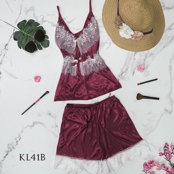 

Lingerie Wanita Satin Sleepwear Baju Kimono Tidur Premium Maroon Kl41B Original