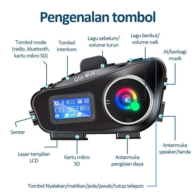 Bonkyo  Q58Max Helm Headset Bluetooth Layar Lcd Headset Helm Interkom Dua Orang Earphones Headphones