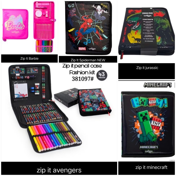 

terbaru !!! smiggle stationery zipit minecraft, jurassic, avengers, barb, spideman ready