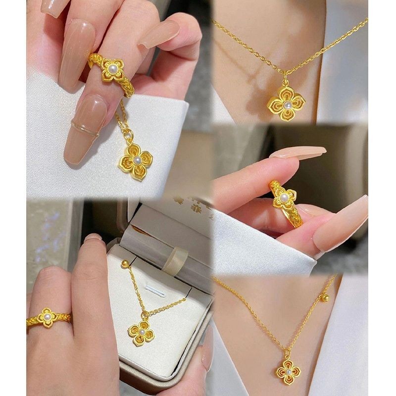 Gold-Plated Ruyi Filigree Pearl Open Ring Light Luxury Fashion Gold
