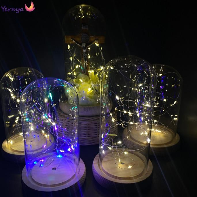 ```````] Glass Dome Lampu Dome Led String / Flower Dome Light / Lampu Kubah Kaca Import Alas Kayu [T