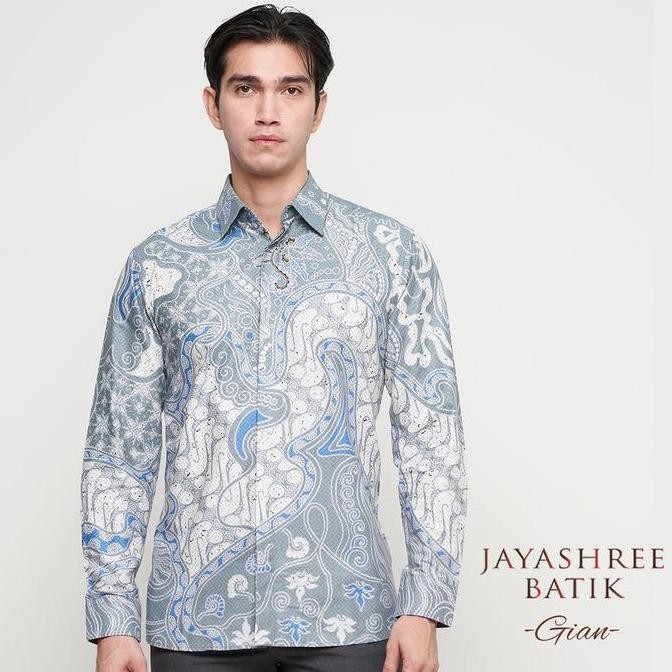 Terlaris JAYASHREE - [Free Parfum] Batik Slimfit Gian Light Grey Kemeja Batik Pria Lengan Panjang - 